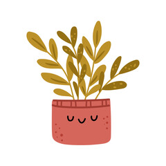 Calm flowerpot personage with peaceful facial expression and closed eyes. Vector in flat style, isolated plant with leaves and natural flora. Florist shop assortment or home interior decoration