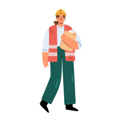 Construction worker or manager, inspector on manufacturing. Vector in flat style, isolated female character in helmet holding paperwork, renovation and inspection control of work norms and conditions