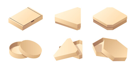Cardboard boxes for packing and delivery in shape of triangle, hexagon, square and circle. Vector packaging with lids, empty paper bags for moving out or transportation, pizza and meal