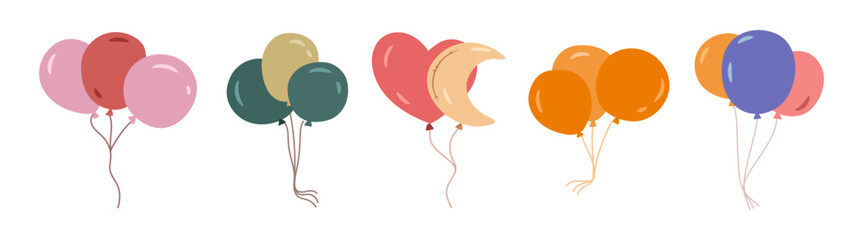 Inflatable helium balloons with ribbons. Vector isolated icon of glossy flying decoration for special celebration events. Carnival or festivity, holiday decor and design for birthday