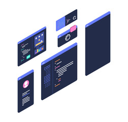 Modern gadgets with screens showing colorful lines of programming code. Vector isolated laptop, tablet and smartphone displays. Cross platform scripting. Software engineering or mobile coding