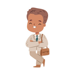 Cute child with briefcase. Vector in flat style, isolated kawaii business mascot or sticker, avatar for CEO of company, team leader for metaverse. Employer boss with big smile facial expression