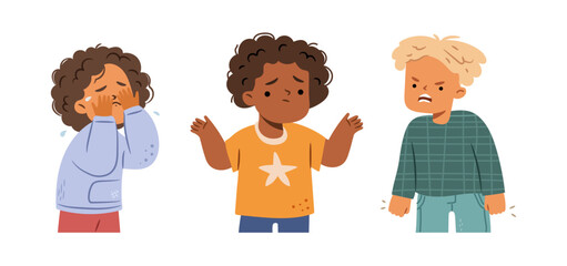 Children expressing negative feelings, boys personages set. Vector isolated cartoon characters conveying negative emotions. Crying and and anger, sadness and surprise. Displeasure or hostility