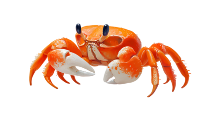 Vivid orange crab with white claws and intense black eyes, isolated on a black background
