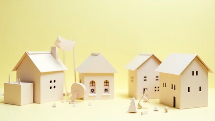 Minimalist Paper Houses on Light Yellow Background