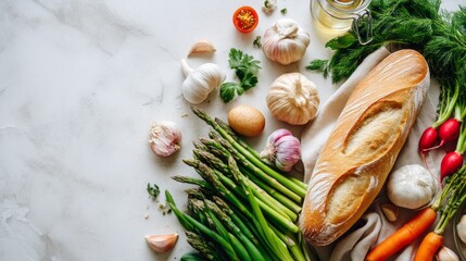 A lively arrangement of vegetables and herbs sprawls across a light surface, showcasing a mix of colorful produce that highlights the joy of plant-based cooking and healthy eating