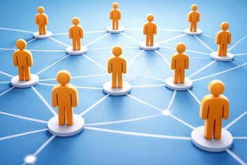 Network connection community collaboration | Orange human figure positioned on linked nodes to represent professional networking and team cooperation conveying an optimistic mood