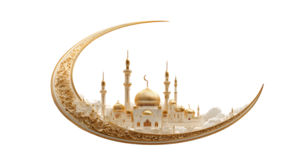 Crescent moon frames a detailed, golden mosque-city on a solid black background