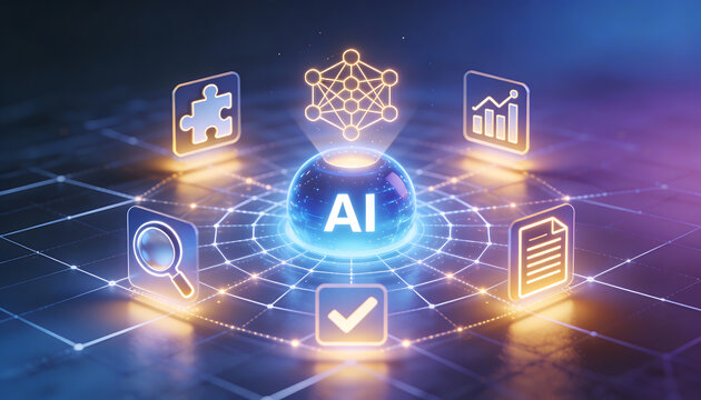 3d cinematic digital illustration showing artificial intelligence core node with icons for neural network machine learning search analytics and quality assurance verification