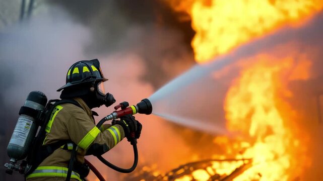 Firefighter battling intense flames with hose in emergency response situation