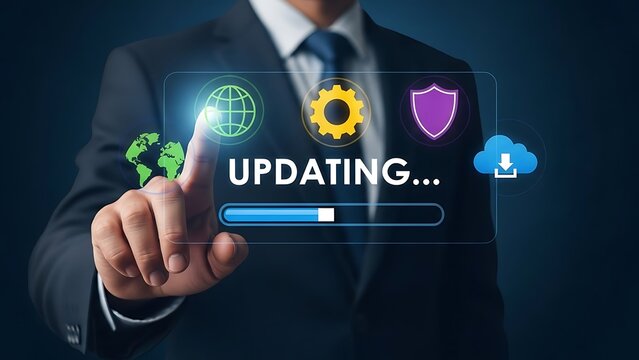 Man in suit updating digital interface with globe, gear, shield, and cloud - Powered by Adobe