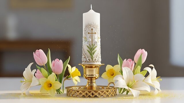 Paschal Candle Displayed with Lilies Tulips and Daffodils for Easter