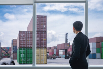 Rear view of businessman watching cargo containers at shipping port. Concept of global logistics, supply chain, and import-export business management.