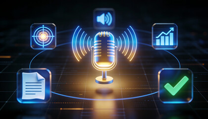 3d cinematic illustration of a glowing blue and yellow neon microphone representing artificial intelligence voice recognition with digital icons for data analytics and verified results