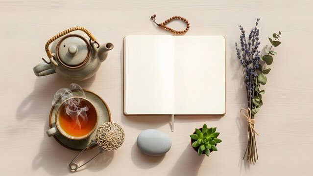 A peaceful flat lay scene featuring a steaming cup of tea, notebook, and lavender - Powered by Adobe
