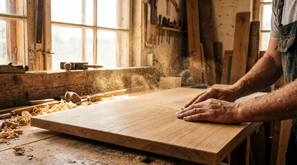 Wooden board sanding workshop carpenter hands sanding wood dust golden light calm craftsmanship