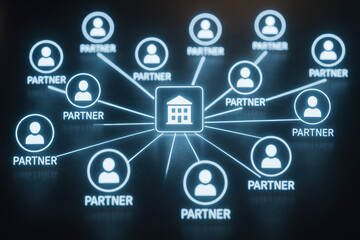 Partner network ecosystem connection company collaboration portraying a central company hub linked to multiple partner icons conveying teamwork and strategic growth with confident