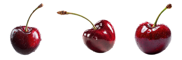 Three Ripe Cherries with Stems isolated on a transparent background