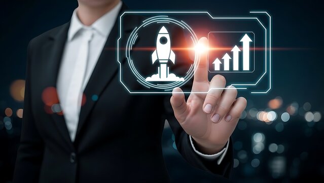 Person in suit touching holographic rocket and upward arrows interface - Powered by Adobe