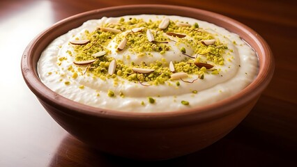 Delicious creamy dessert with nuts and herbs served in a clay bowl on wooden surface