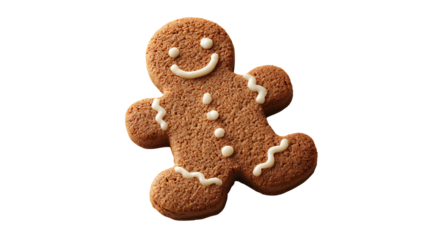 A festive gingerbread man cookie with icing details on a black backdrop