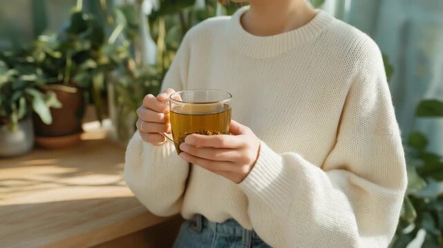 A person enjoying an anxiety-free morning ritual by a sunlit window, sipping herbal tea while journaling on a clean wooden desk surrounded by plants &mdash; slow living, mental wellness routine, and