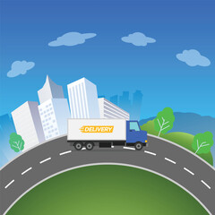 Delivery service truck container with city and mountain background