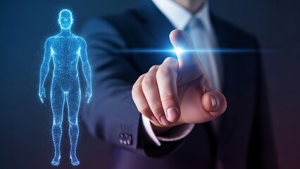 Person in a suit pointing at a blue digital human figure