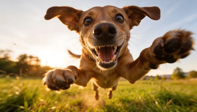 A crazy dog jumping playfully in a lush green field with a joyful expression on its face at sunset.