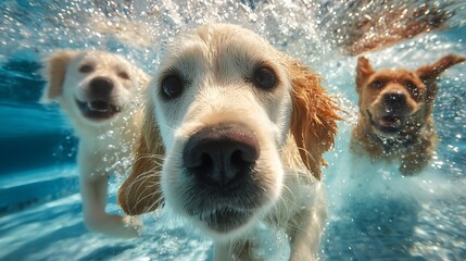 Close-up underwater shot of three friendly dogs enjoying a refreshing swim in a blue pool