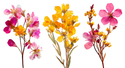 Three small colorful flower bouquets on dark background, pink, yellow, and orange
