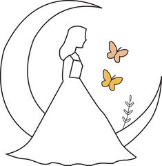 Minimalist Line Art Illustration of a Woman in a Gown with Crescent Moon and Butterflies