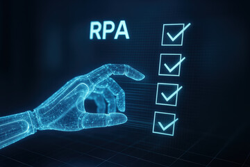 Rpa automation robotic process automation holographic hand checklist digital workflow A holographic robotic hand selecting checked boxes on a digital checklist to convey