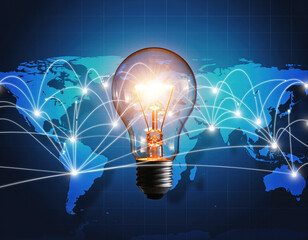 Fluffy white light bulb shines bright over a blue map showing connected lines around the globe