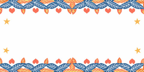 Floral border with hearts and stars on a white background