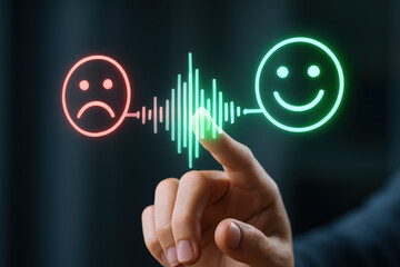 Sentiment analysis hand happy sad soundwave Holographic waveform control to transform negative emotion to positive emotion with color cue and interactive touch gesture