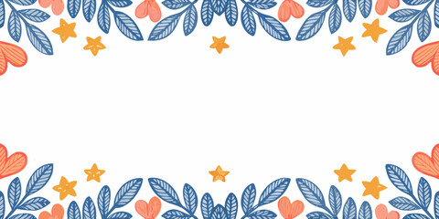 Floral border with blue leaves orange hearts and yellow stars on white