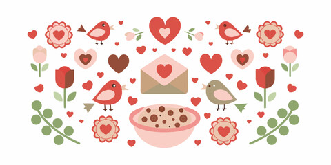 A delightful collection of birds hearts flowers and a bowl of chocolate treats