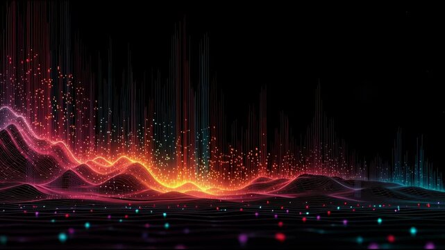 Vibrant abstract digital landscape featuring glowing neon waves, colorful light particles, and dynamic energy lines dark background, creating cinematic, futuristic, and energetic mood for creative