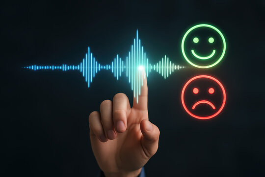 Sentiment analysis soundwave happy sad face A hand to touch a holographic waveform to assess emotion with green positive and red negative icons in a modern user interface - Powered by Adobe