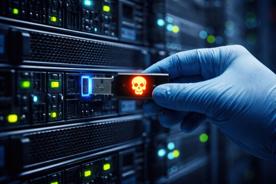 Security threat breach attack compromise | Gloved hand inserting a skull-marked USB drive into a server rack in a dim data center conveying urgency and alarm - Powered by Adobe