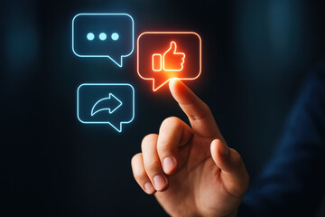 Social media engagement like comment share hand interaction creates a glowing holographic interface conveying user approval and responsive digital communication