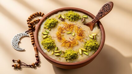 Delicious traditional dessert garnished with nuts and saffron served in a clay bowl