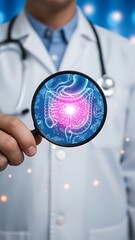 Doctor examining a magnified of the intestines with a stethoscope around the neck