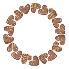 Circular wreath with chocolate heart cookie arranged in a decorative ring on a white background in flat style.