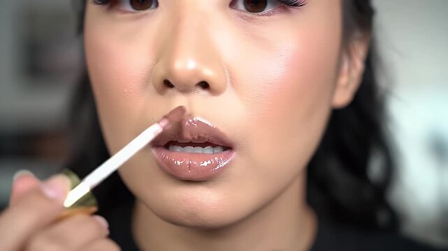 Applying Lip Gloss - A Close-Up Demonstration of a Makeup Routine.