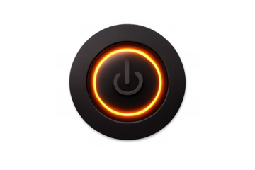 Power button glowing with orange light, symbolizing startup, energy, control and electronic technology, transparent background