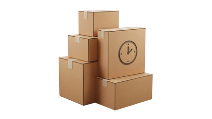 Obraz premium Stack of cardboard delivery boxes with a prominent clock icon on one, symbolizing efficient and timely shipping services for moving and logistics, isolated on a white background