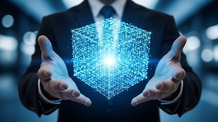 Person holding a glowing blue digital cube with interconnected dots