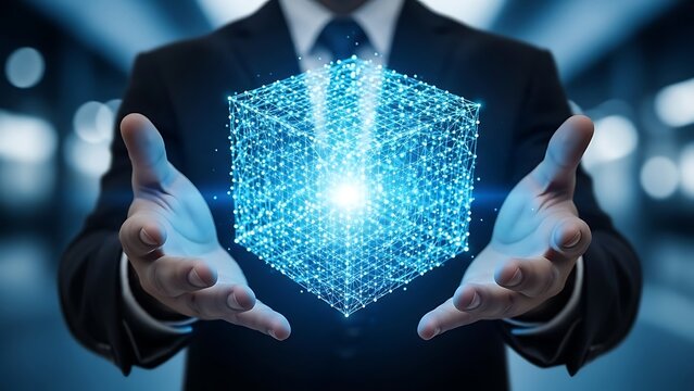 Person holding a glowing blue digital cube with interconnected dots - Powered by Adobe